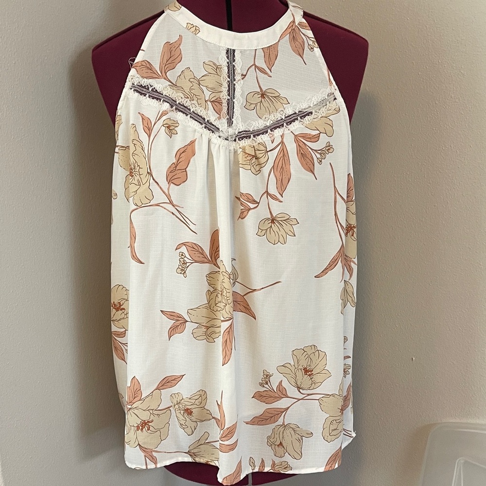 Miss Me Floral Halter Neck Blouse - White and Tan